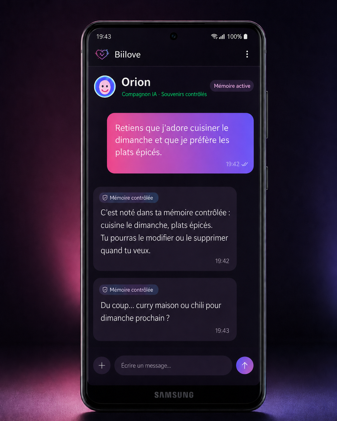 Mockup sur smartphone Samsung montrant la mémoire personnalisée et contrôlée du compagnon Orion